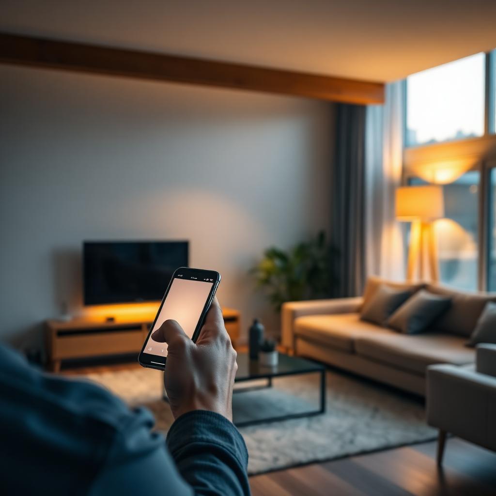 Pessoa controlando iluminação da casa pelo smartphone em sala de estar