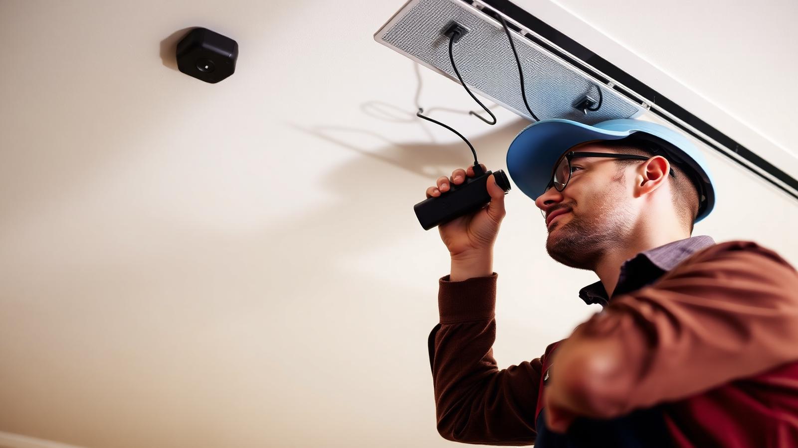 Eletricista instalando fiação de automação em teto moderno
