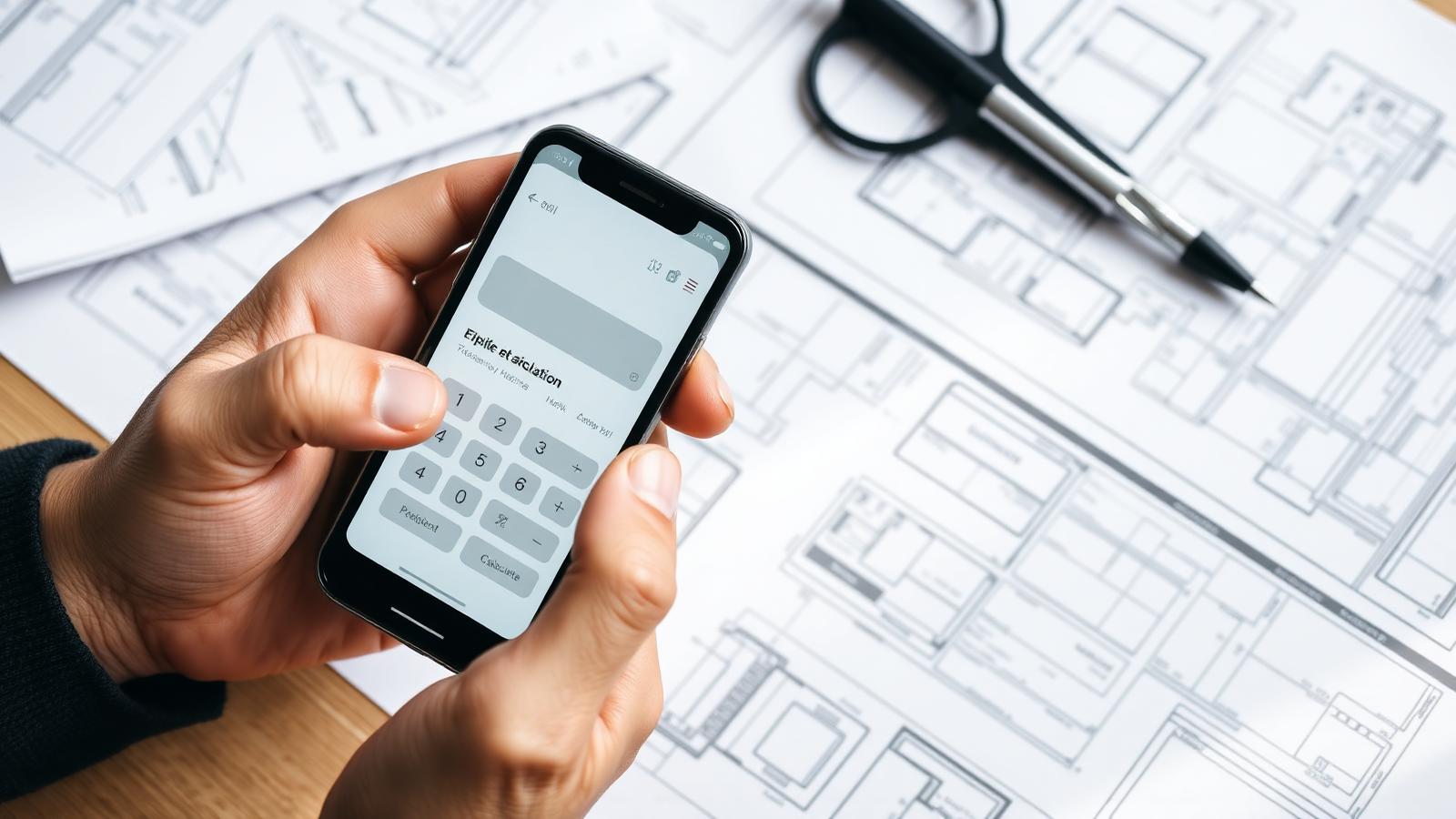 Mão segurando smartphone com calculadora sobre projetos arquitetônicos