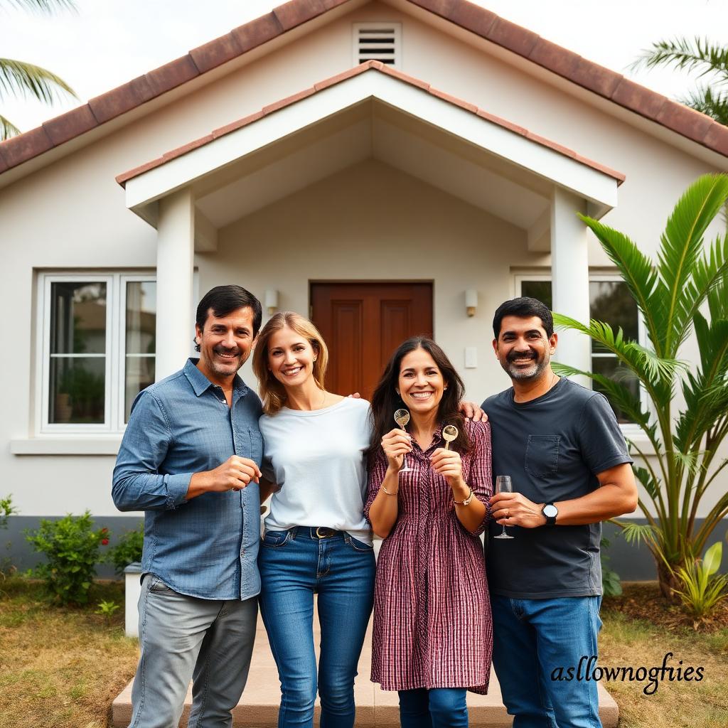 Família brasileira de classe média em frente à nova casa segurando chaves