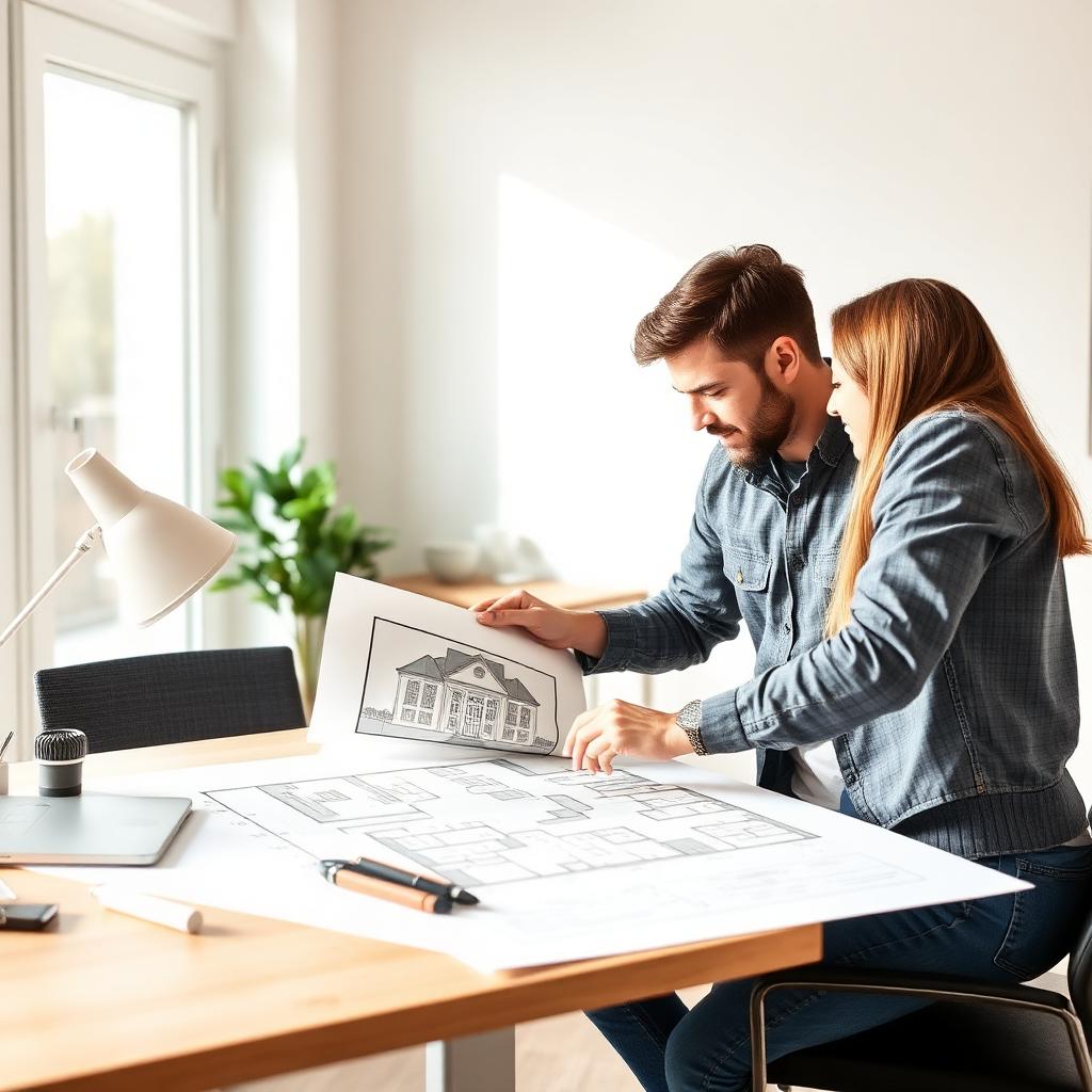 Arquiteto apresentando planta de casa para jovem casal em escritório