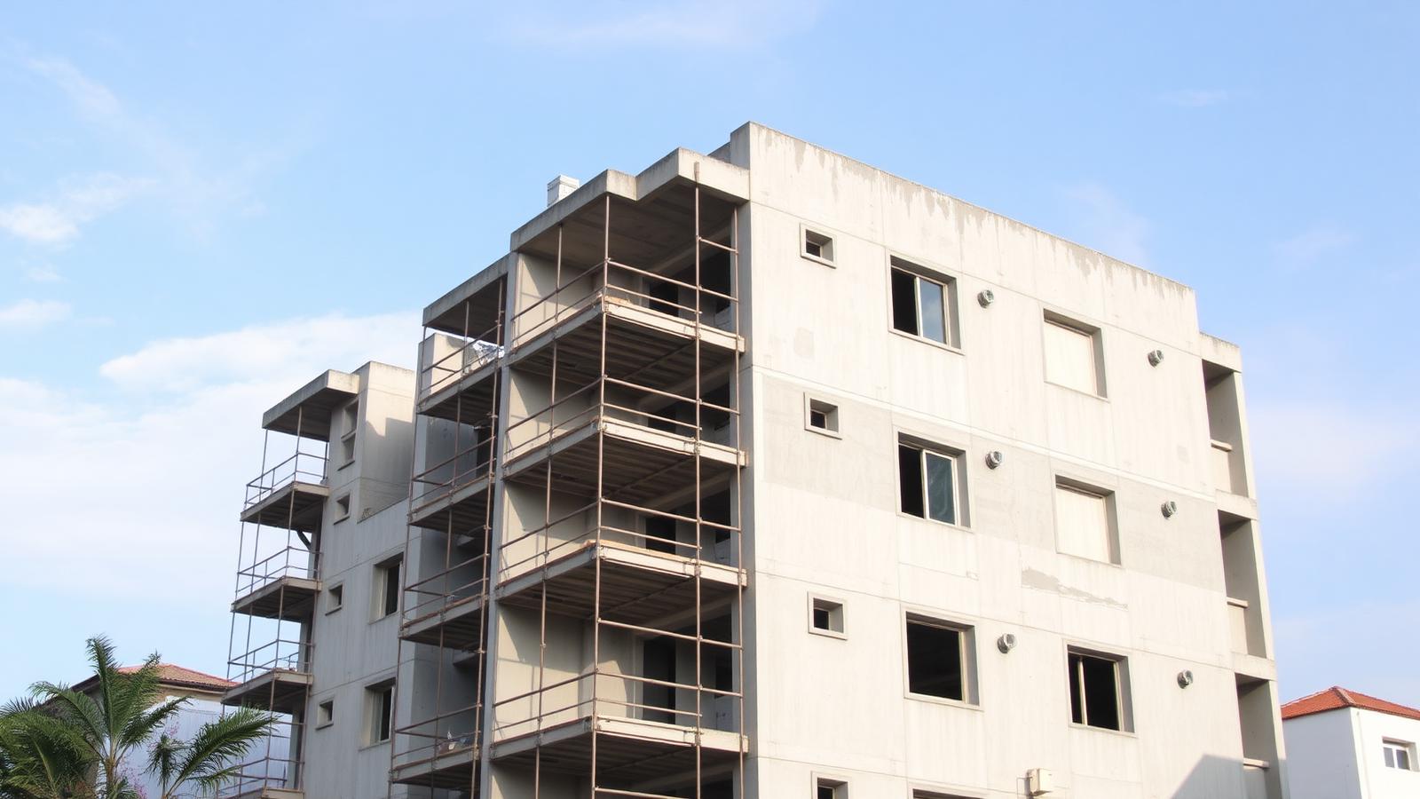Edifício residencial em construção com tapumes e andaimes