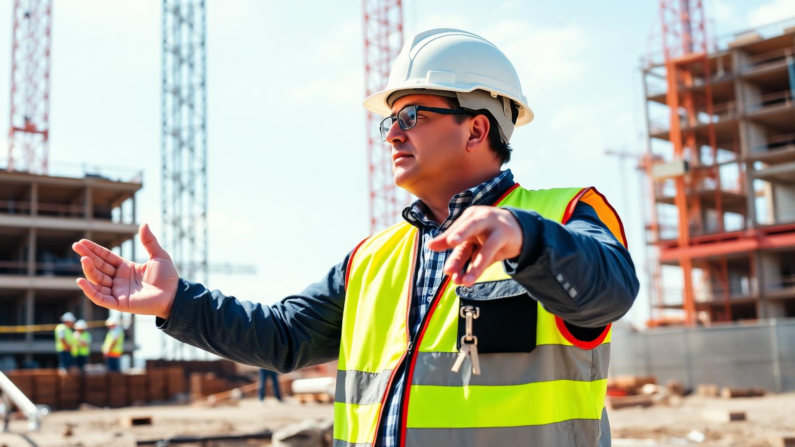Supervisor de obras coordenando equipe em canteiro