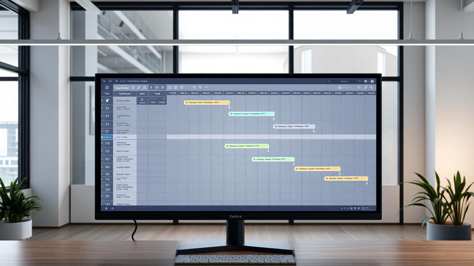 Cronograma de obra em forma de Gantt chart em monitor de escritório