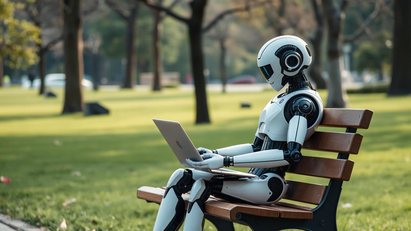 Robô humanoide sentado em banco usando laptop