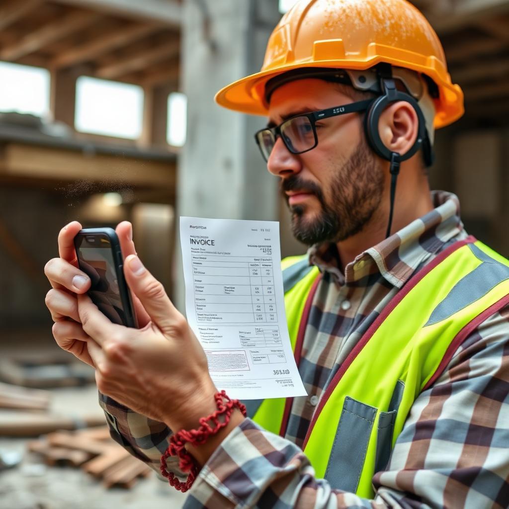 Mestre de obras fotografando nota fiscal pelo celular no canteiro