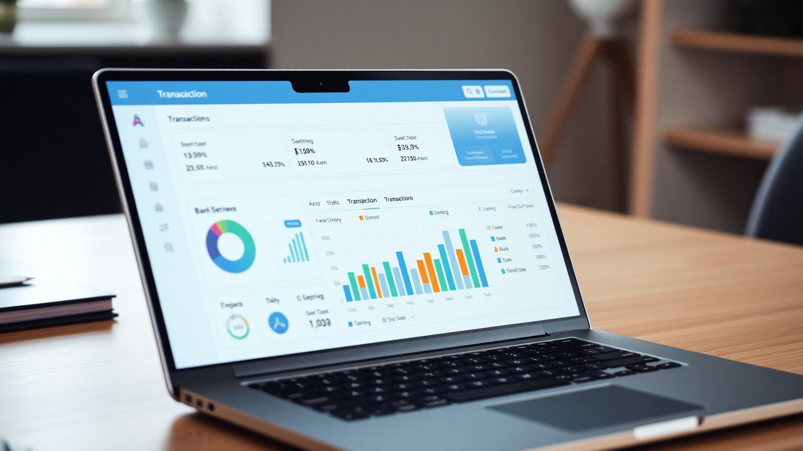 Dashboard financeiro em laptop com gráficos de conciliação bancária