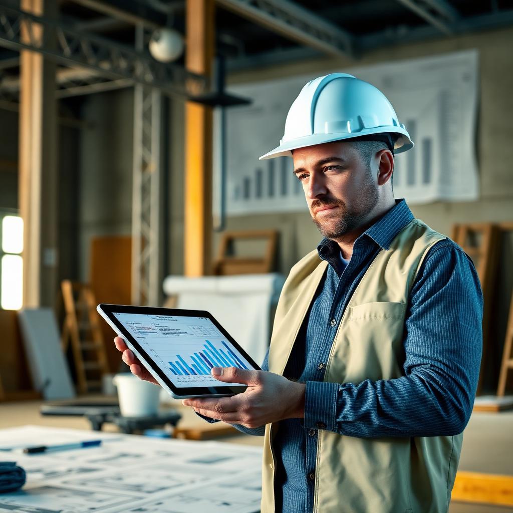 Engenheiro analisando previsão de fluxo de caixa em tablet no canteiro