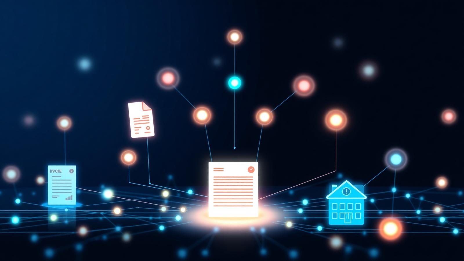 Visualização abstrata de IA conectando documentos financeiros