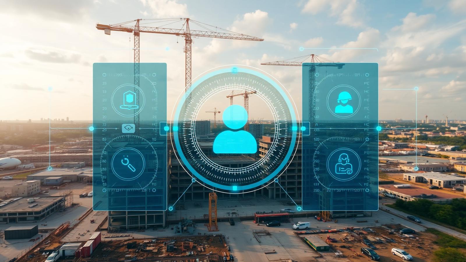 Vista aérea de canteiro de obras com sobreposição de interface de IA