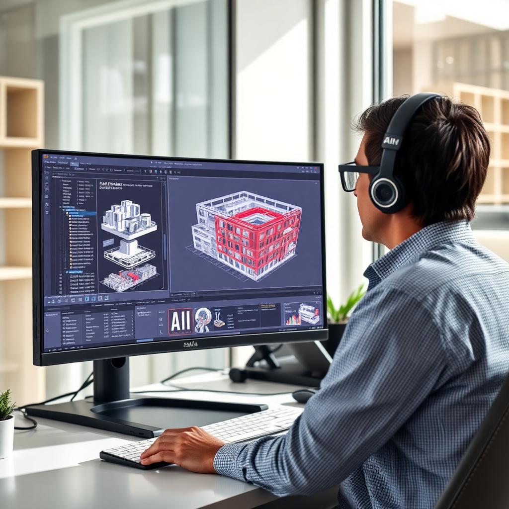 Arquiteto usando software BIM com sugestões de IA em monitor grande