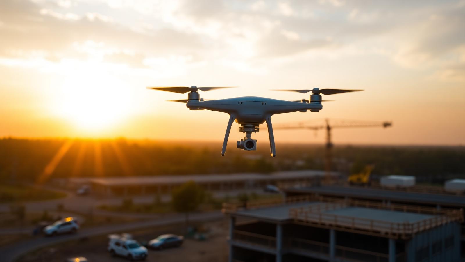 Drone sobrevoando canteiro de obras ao pôr do sol