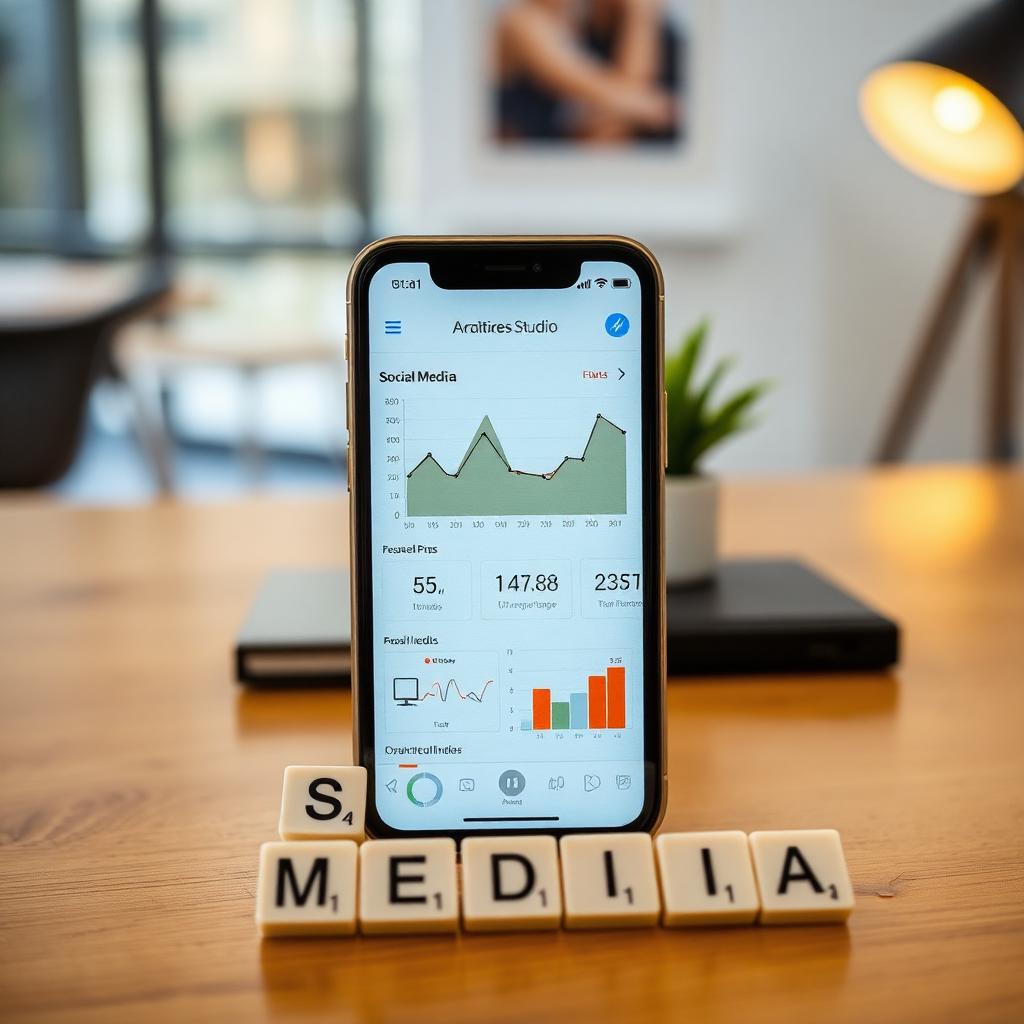 Smartphone com analytics de redes sociais e letras SOCIAL MEDIA