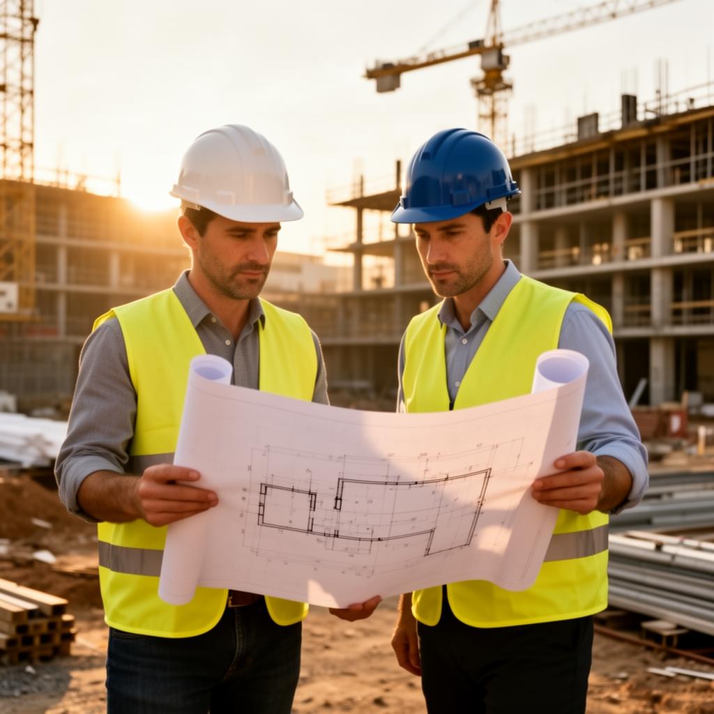 Arquiteto e engenheiro analisando projetos no canteiro de obras