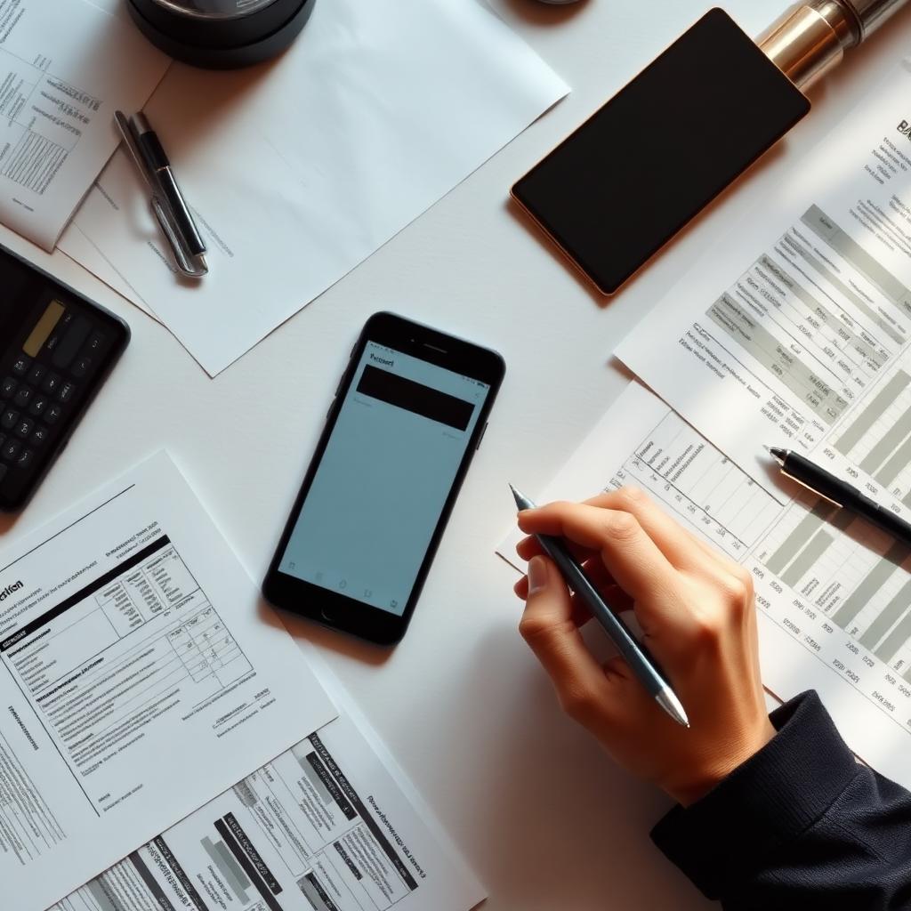 Mesa de arquiteto com documentos financeiros, calculadora e planilhas