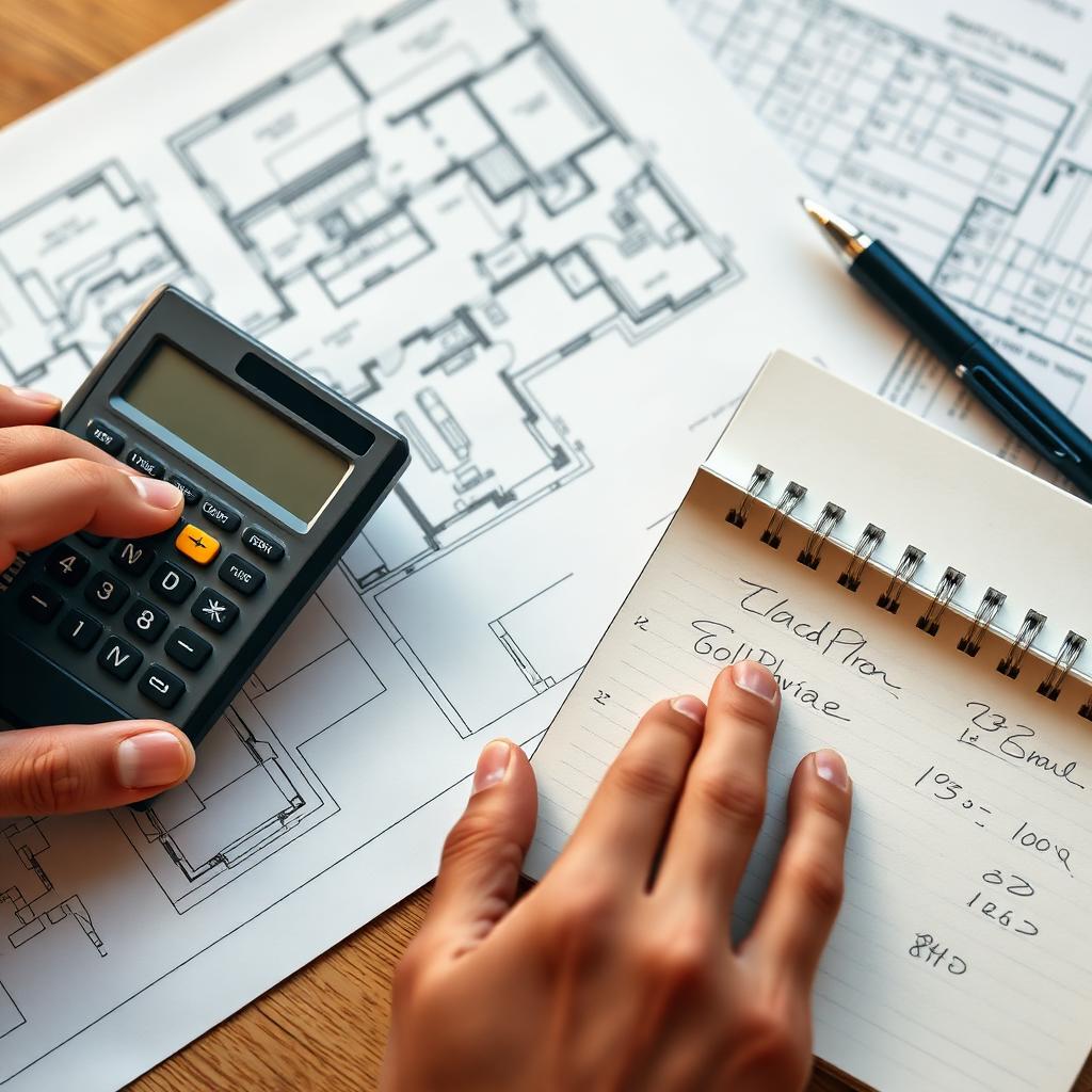 Calculadora sobre plantas arquitetônicas com anotações de cálculo