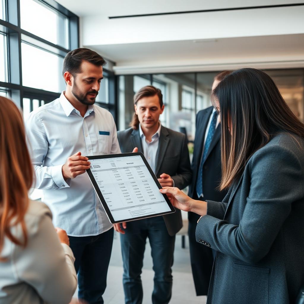 Arquiteto apresentando proposta com tabela de preços para clientes em escritório moderno