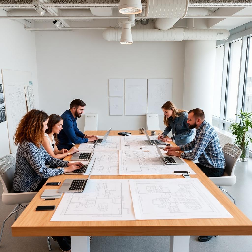 Equipe de arquitetos trabalhando em conjunto sobre plantas e laptops