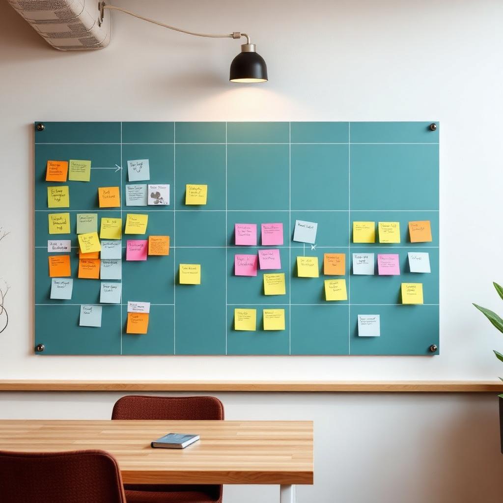 Quadro Kanban com etapas e tarefas em um escritório de arquitetura