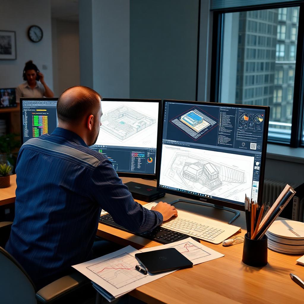 Arquiteto trabalhando em software BIM com dois monitores