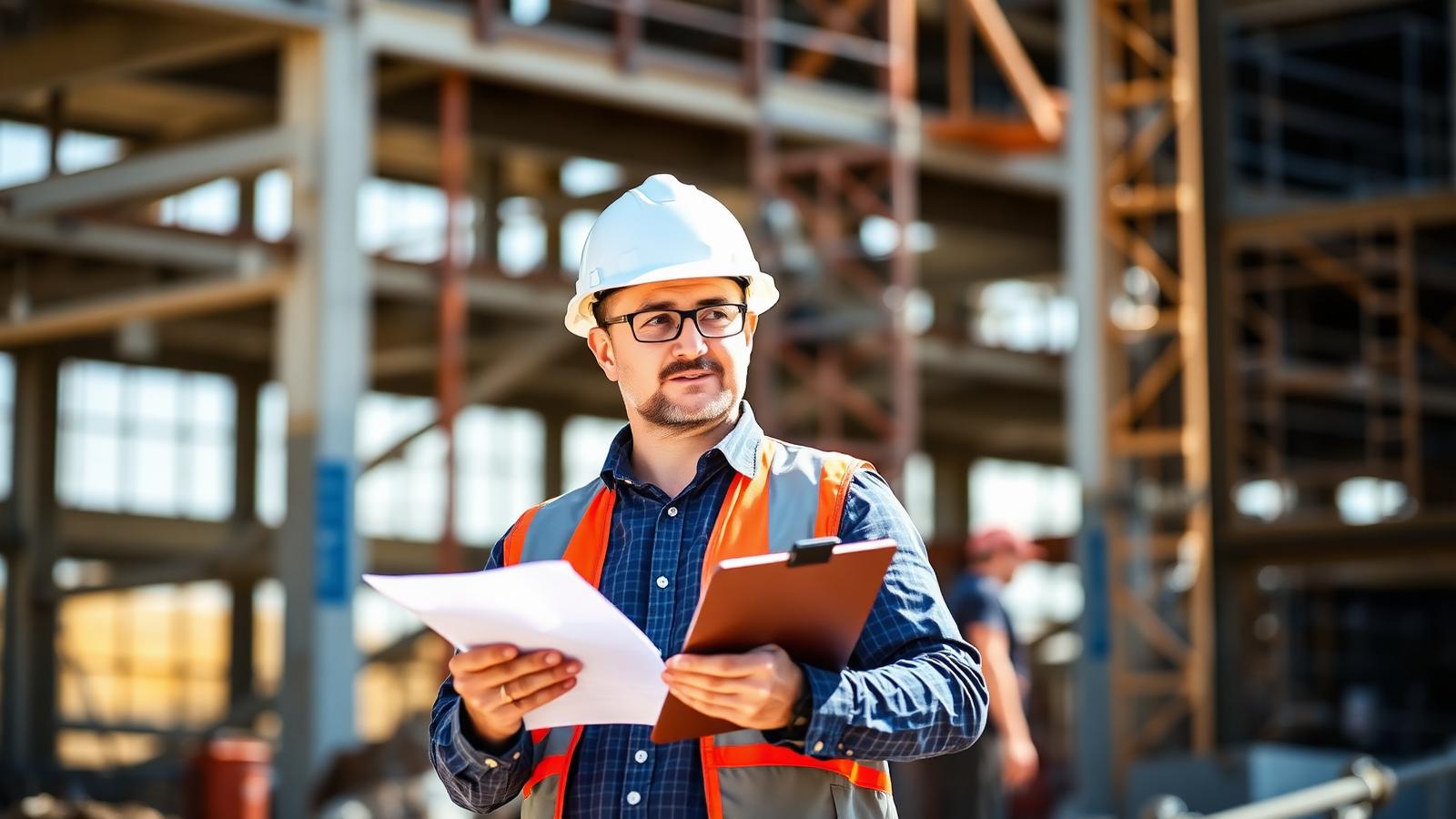 Arquiteto inspecionando canteiro de obras com prancheta e capacete