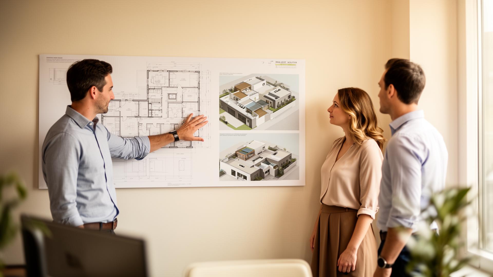 Arquiteto apresentando soluções para um casal de clientes