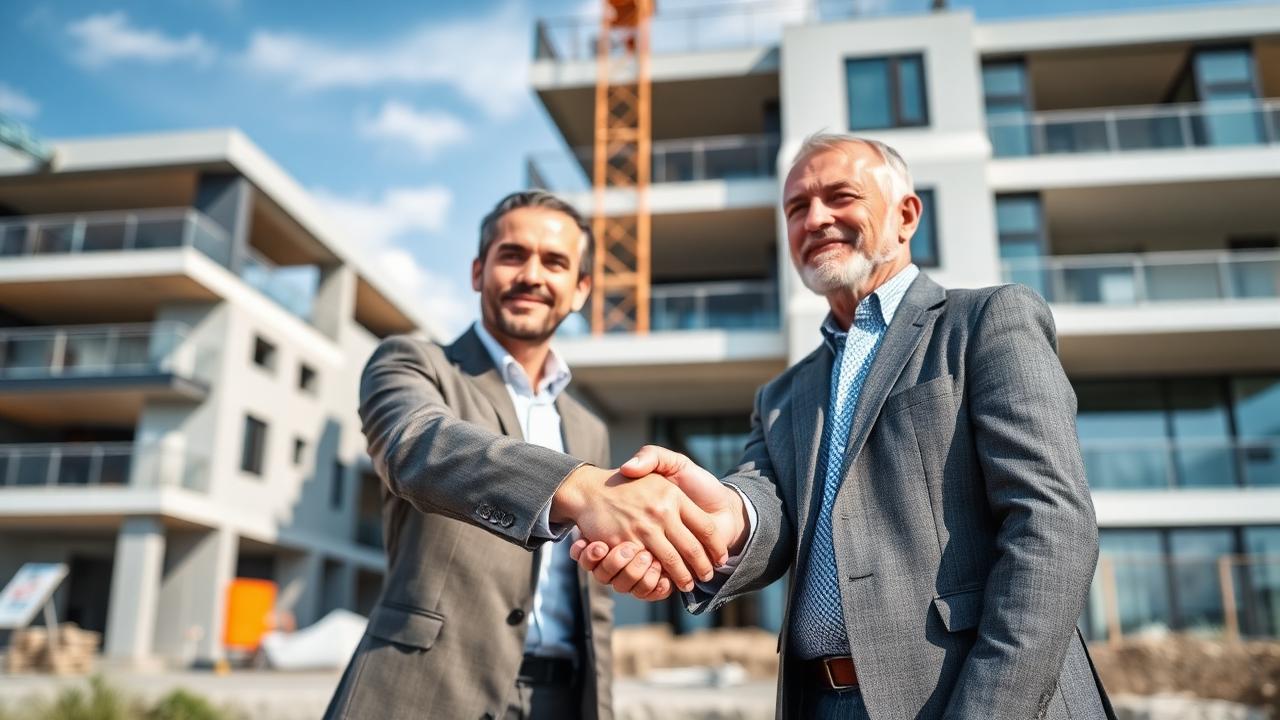 Aperto de mão entre arquiteto e cliente em frente a uma obra