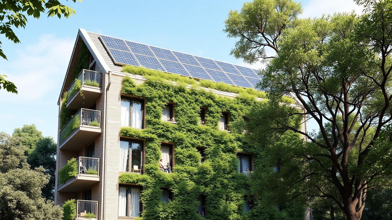 Edifício residencial moderno com fachada verde e painéis solares
