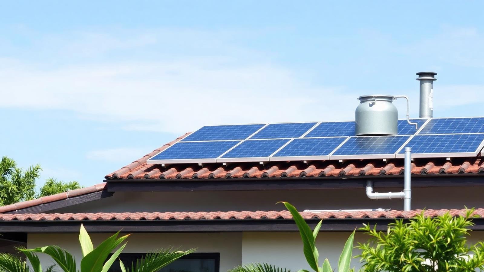 Telhado com painéis solares e sistema de captação de água em casa brasileira