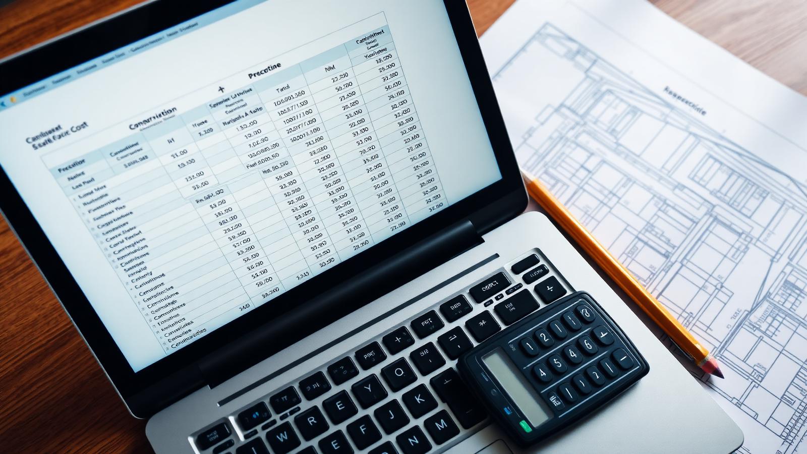 Planilha de composição de preços aberta em laptop com calculadora e projeto
