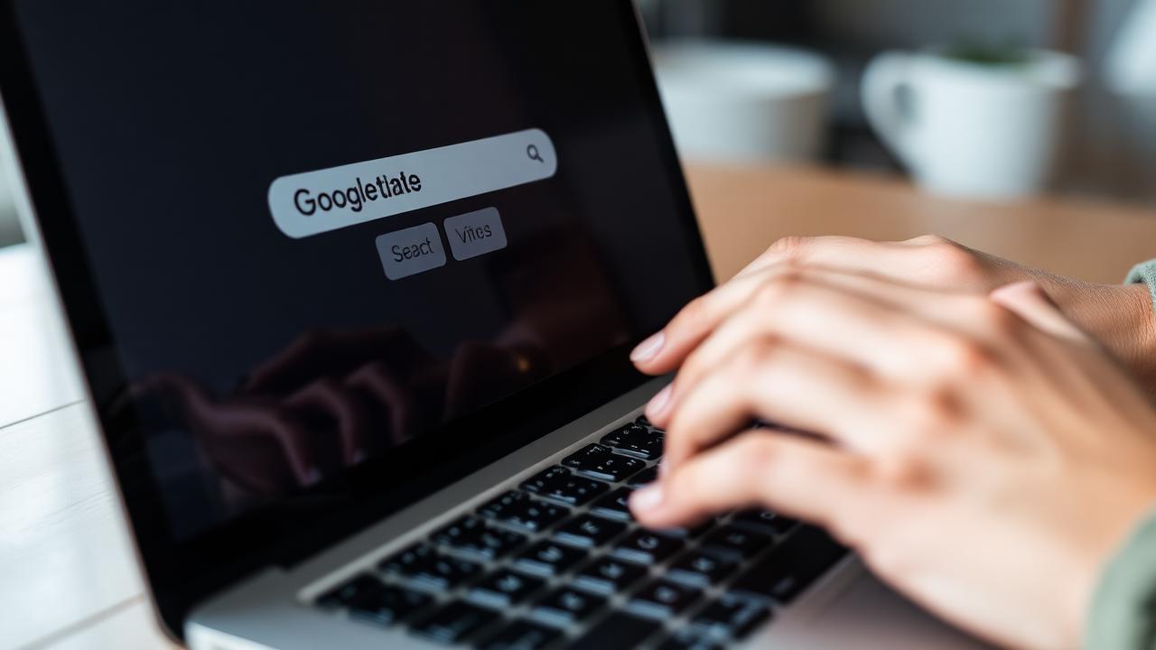Pessoa pesquisando no Google em um notebook