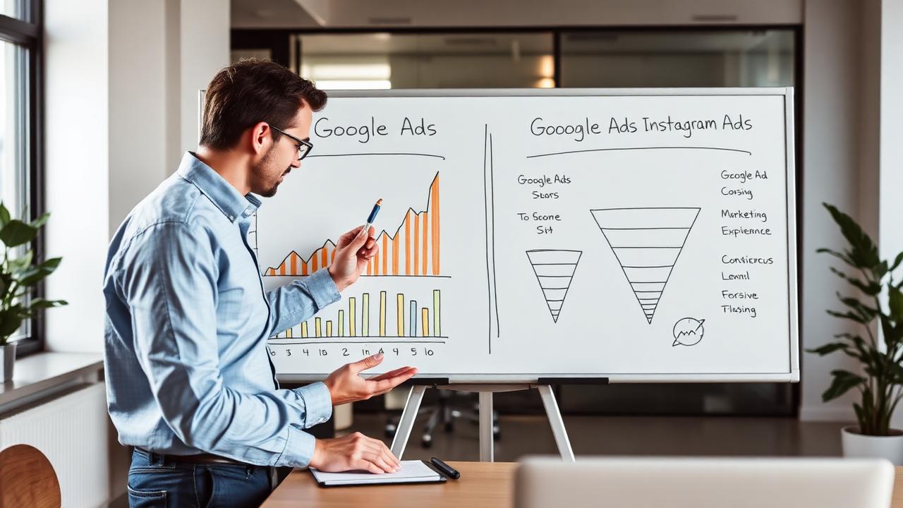 Profissional comparando performance de Google Ads e Instagram Ads em um quadro