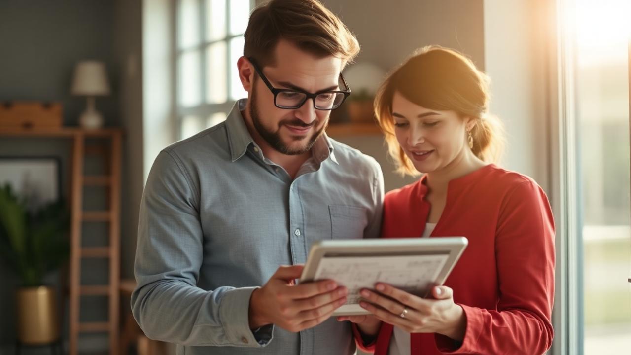 Casal analisando opções de projeto em um tablet